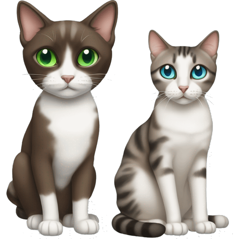 Dark Brown and white tabby cat with green eyes and a Siamese blue eyed cat emoji