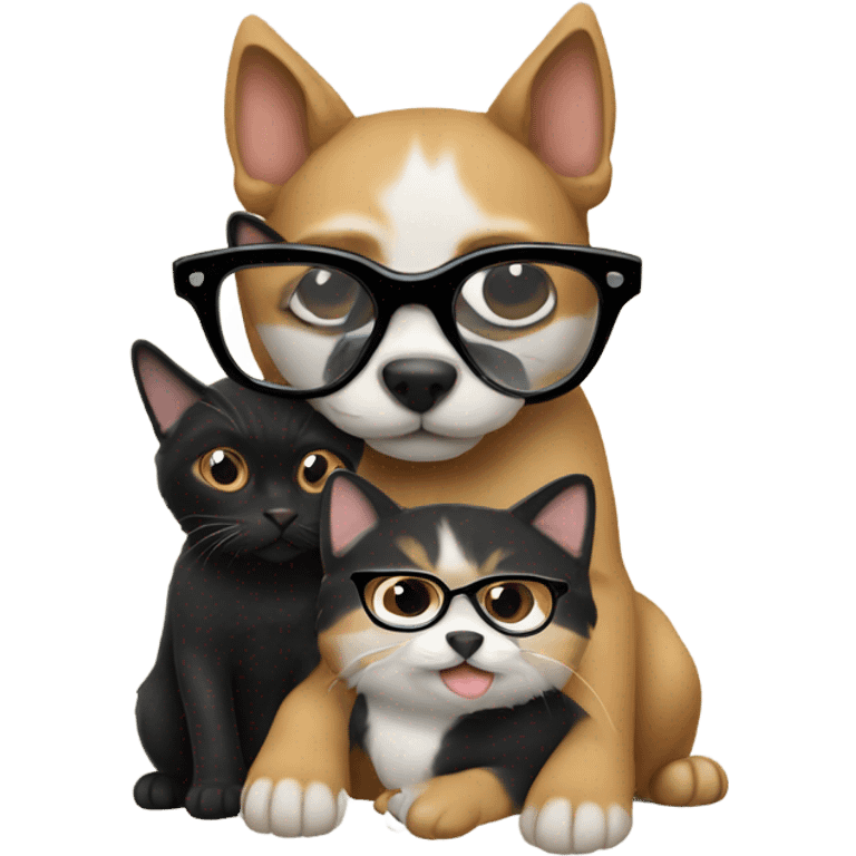 a cat in black glasses hugs a dog in black glasses emoji