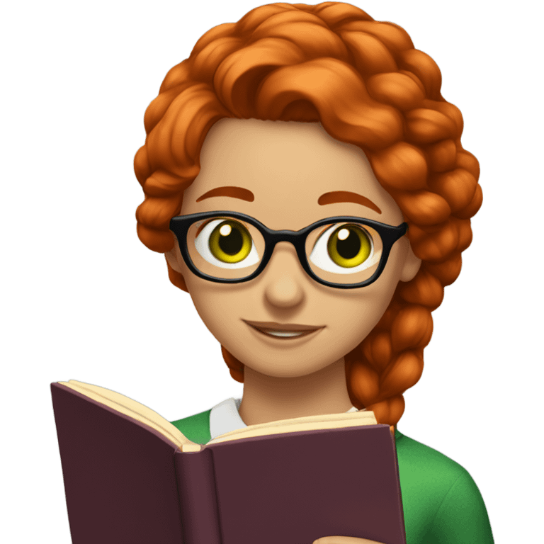 Nerd emoji of a Girl with red hair and green eyes with glasses reading a book emoji