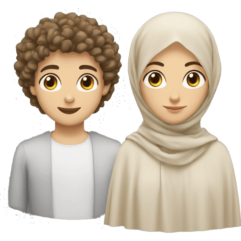 young white European guy with curly black hairs plus hijabi girl light skin  emoji