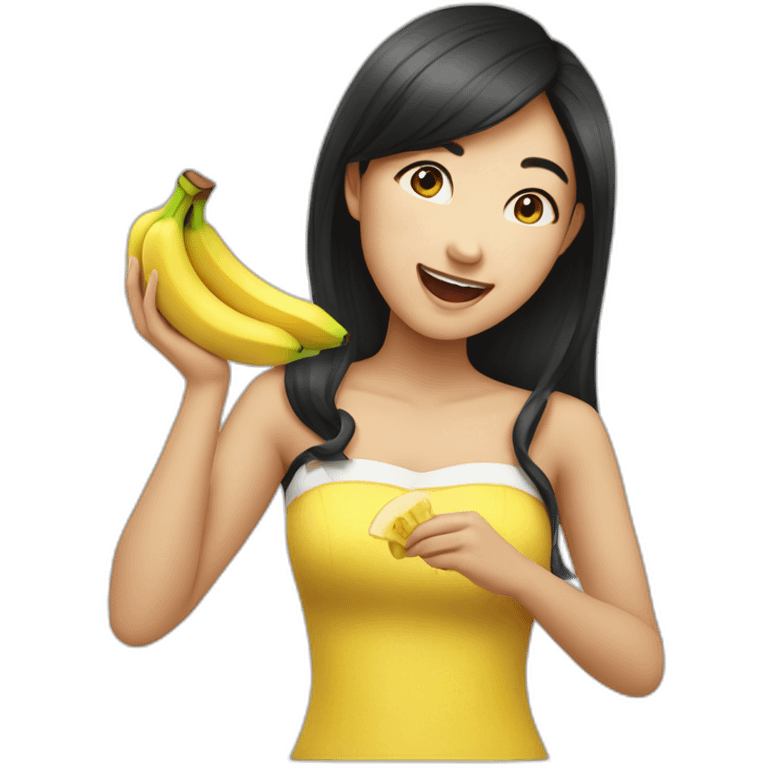 A beautiful asian girl eating a banana and winking emoji