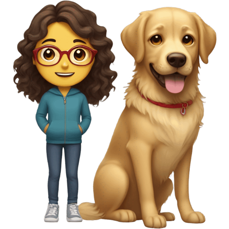 Smiling girl with long dark wavy brown hair and red glasses next to a small shaggy golden Labrador dog with brown eyes emoji