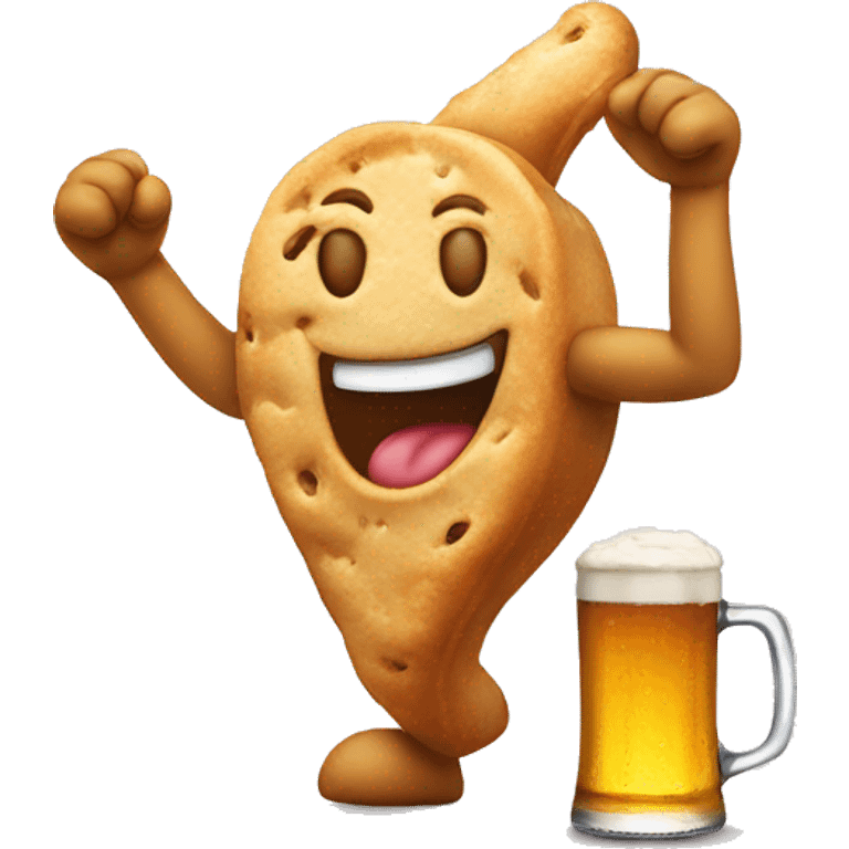 a dancing beer that smiles and eats a cooki emoji