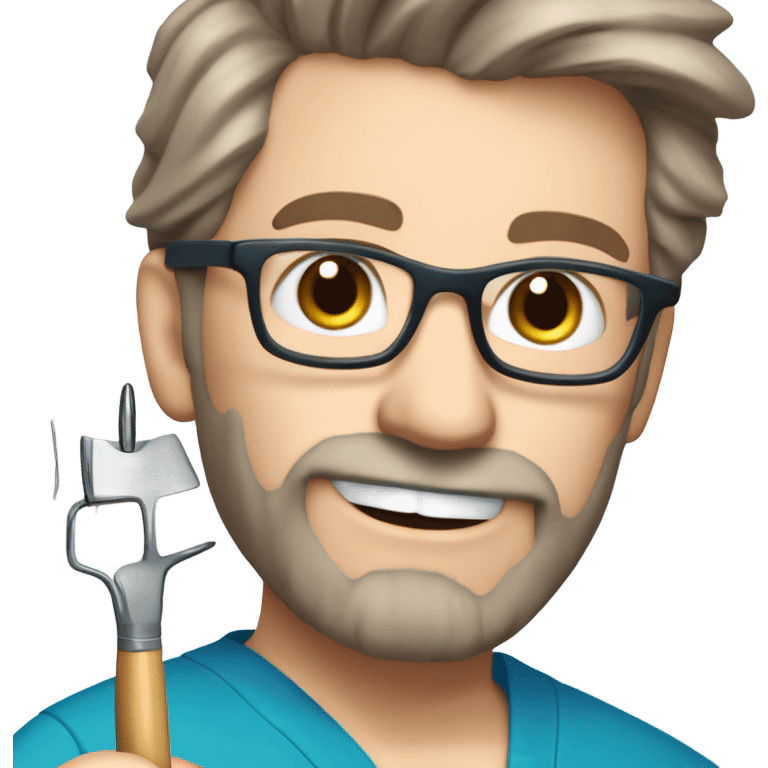 male dark blond haired doctor with grey van dyke beard with hazel eyes and small wire-rimmed glasses in blue scrubs holding a large paintbrush and jigsaw emoji