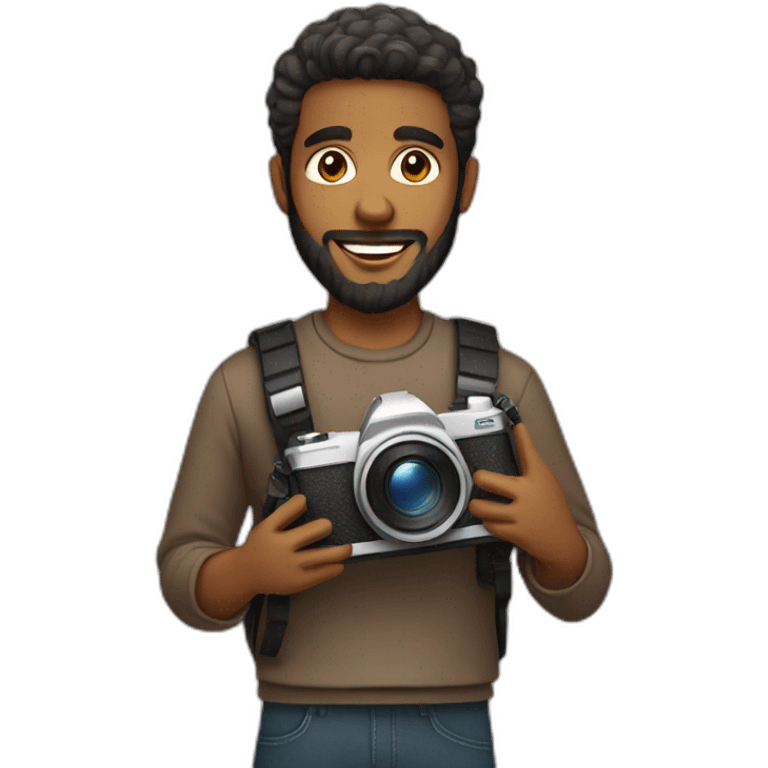 Brown skinned guy with beard holding a photo camera emoji