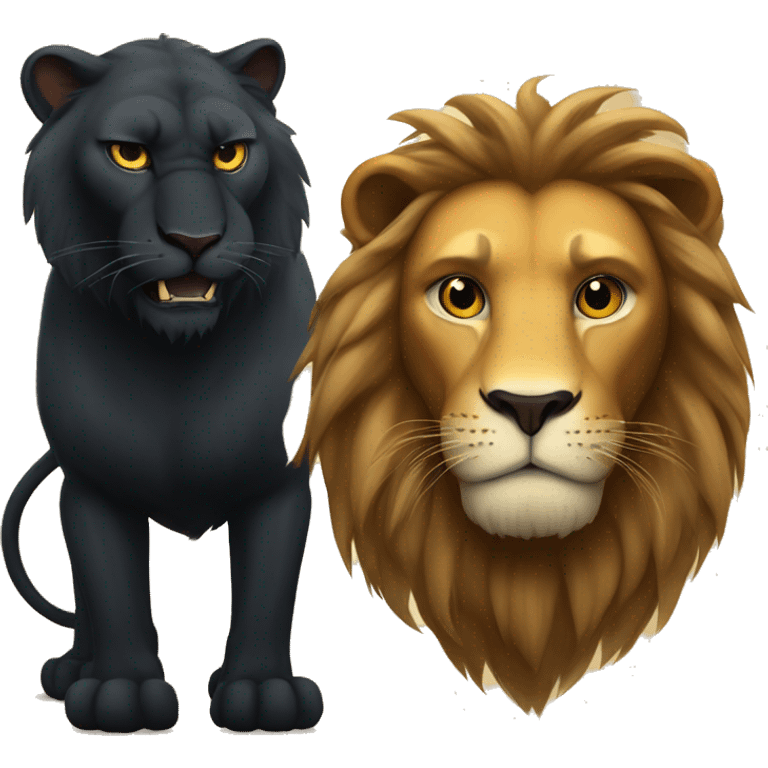 Big serious lion next to a small young black panther emoji