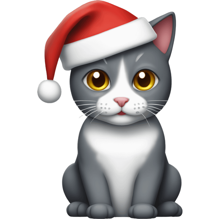 dark grey and white  cat with santa hat emoji