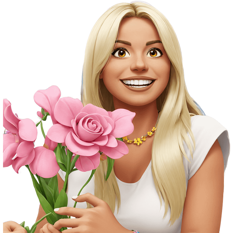 smiling girl with flower necklace emoji