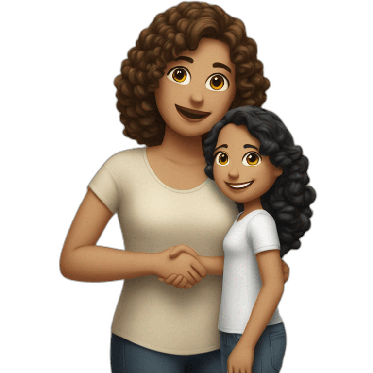 mid-sized pale woman with straight brown hair shakes hands with a tan mid-sized woman with black curly hair emoji