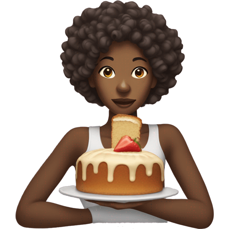 Black woman with curly hair eating pound cake  emoji