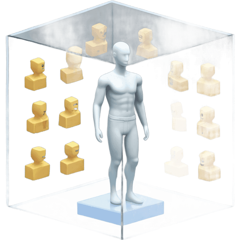 male mannequin abs cubes inside a glass cube on a stand isometric view emoji