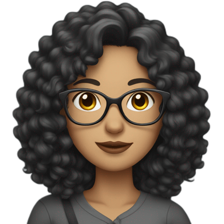 Curly woman with long black hair and glasses, holding a gray cat emoji