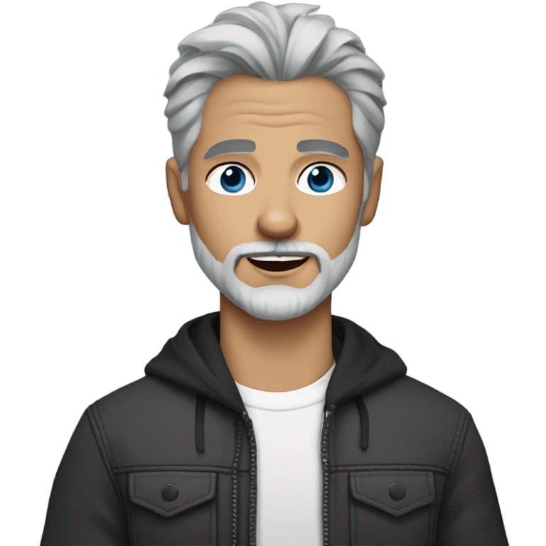 Handsome man, with blue eyes, grey hair, and grey goatee beard, and holding a long haired black chihuahua emoji