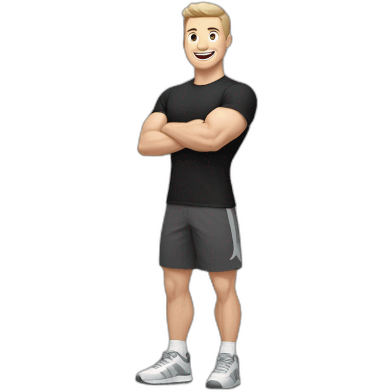 Joyful Celebrating victory Pale skinned Fit Man With the biceps and dark brown hair in black shirt, gray sports shorts and white Sneakers emoji