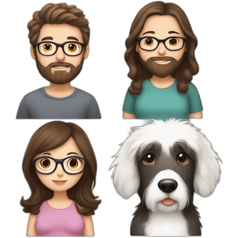 Pregnant girl with half long brown hair with glasses, a boy with long beard, glasses and short hair and english sheepdog emoji