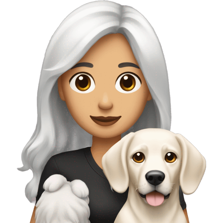 Mujer blanca de pelo crespo y negro con un perro labrador negro emoji