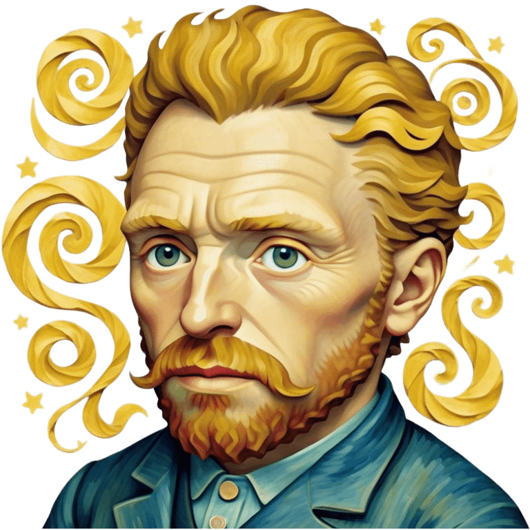 Cinematic Realistic Vincent van Gogh Pop Culture Emoji, featuring an expressive portrayal inspired by the legendary painter rendered with dynamic, swirling textures and artistic lighting. emoji