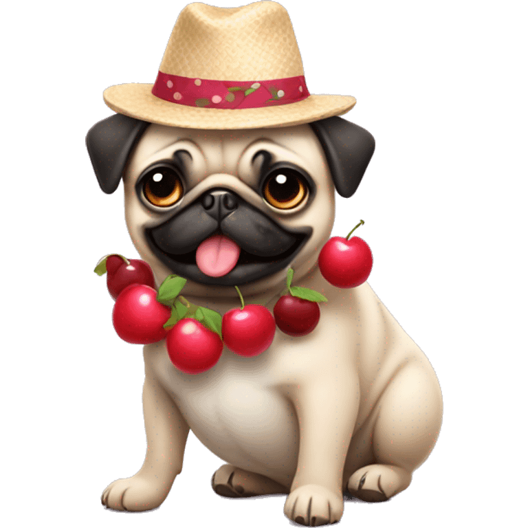  fun pug wearing dress and hat with cherries emoji