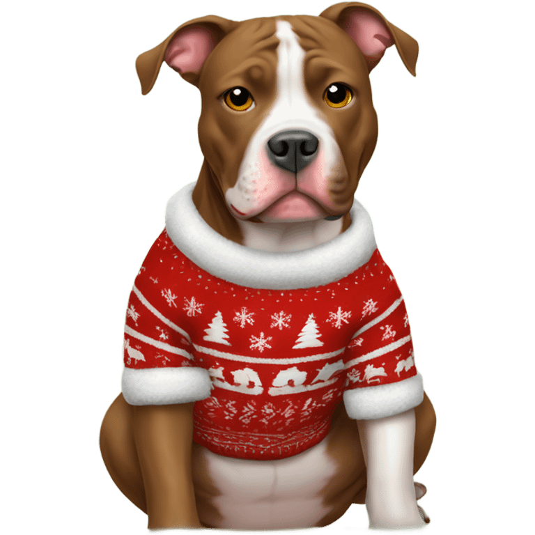 Pitbull type dog sitting down wearing a Christmas sweater emoji