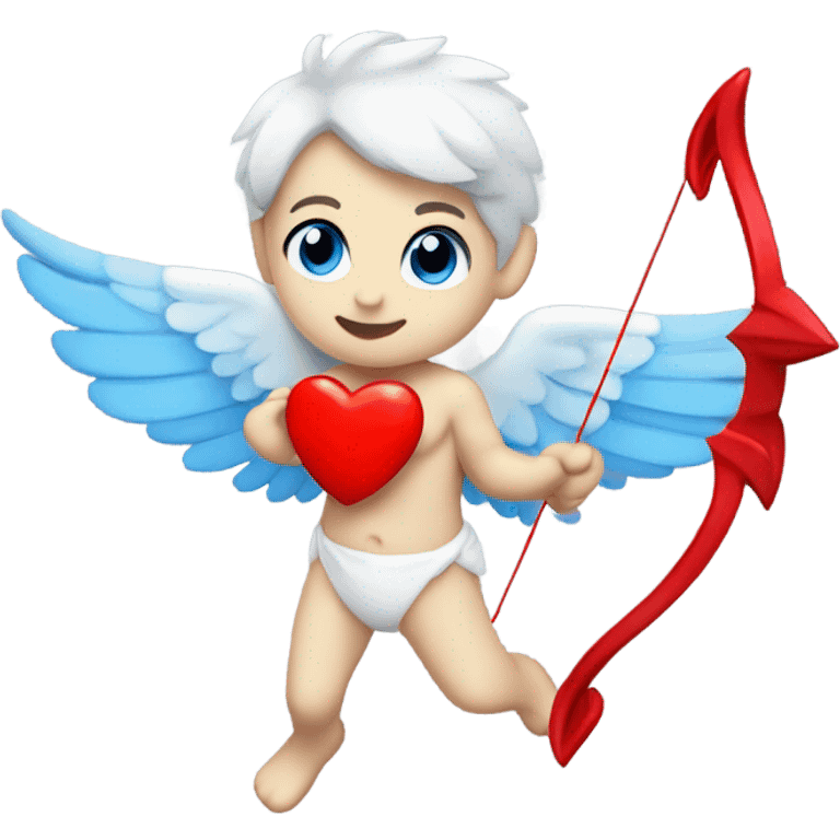 Realistic Photo of flying pale cupid with blue eyes and red heart arrow  emoji