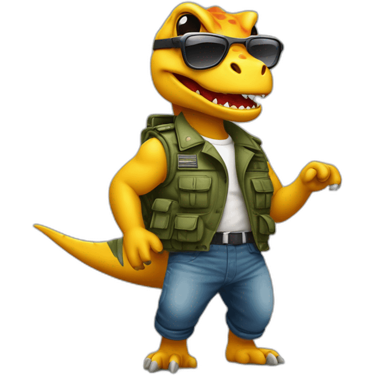 de un dinosaurio bailando con un chaleco táctico militar y gafas de sol  emoji