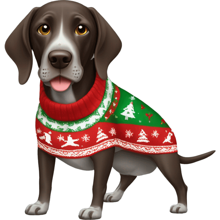 Zoomed out German shorthaired pointer wearing Christmas sweater  emoji