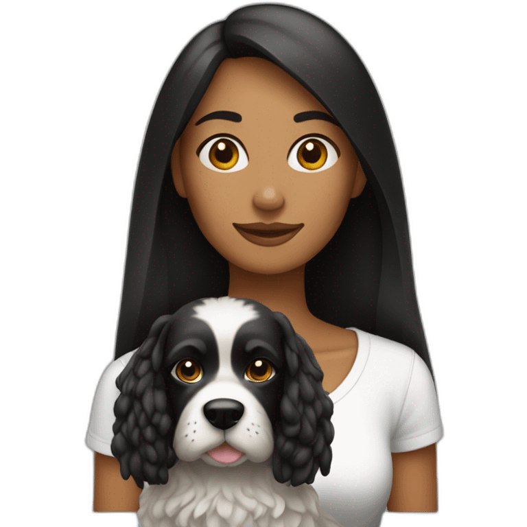 mujer pelo largo negro y su perro maltés blanco emoji