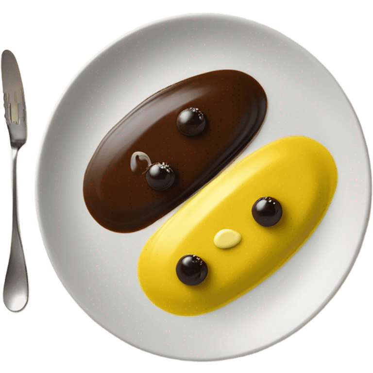 1 Chocolate quenelle and 1 vanilla quenelle on a fine dining glass plate with 3 small drops of yellow sauce as decoration emoji