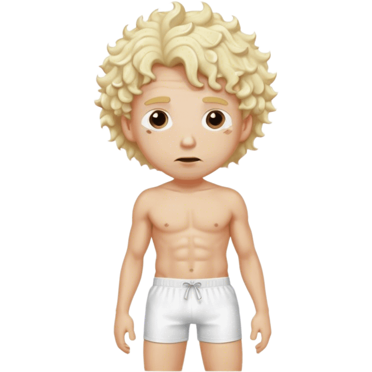 hot handsome blond Man in white swimming shorts with cream curly hairs with boring expration  emoji