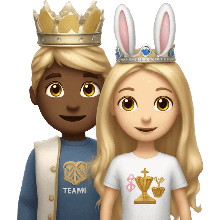 Two bunnies a girl and boy they both have crowns on because they are a queen and king. Boy has blonde hair, girl has long brown hair. They are holding a sign saying Team Bunny Forever  emoji