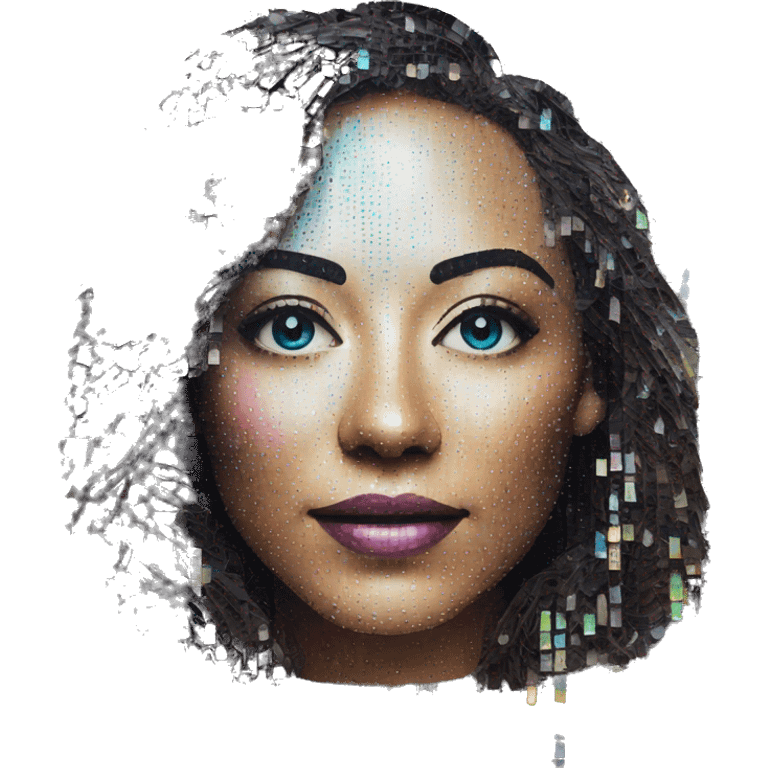 Person face portrait made entirely of holographic vinyls music discs cds and music notes emoji