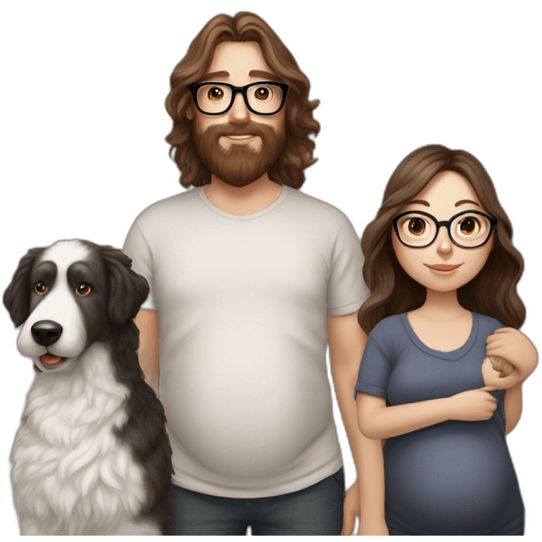 Hyperrealist Pregnant girl with half long brown hair with glasses, a boy with long beard, glasses and short hair and english sheepdog emoji