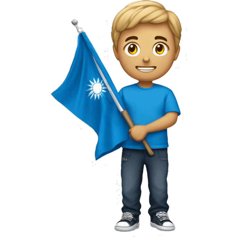 Un humain jeune qui porte un tee-shirt bleue avec écrit nz dessus qui tient un drapeau bleu avec écrit nz dessus qu'il soye heureux et des étoiles autour de lui emoji