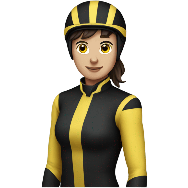 Brunette jockey with black and yellow silks emoji