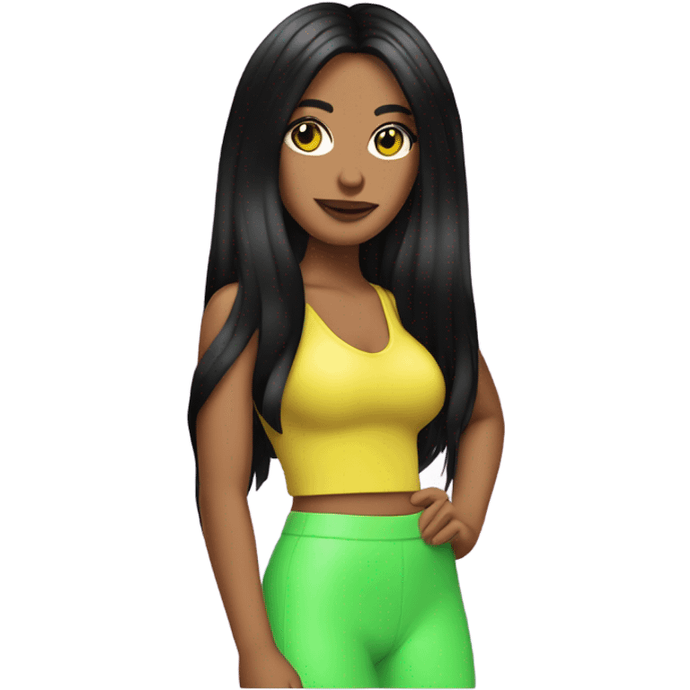 Tanned woman with long black hair dressed in Y2K pop hair, makeup, and neon attire emoji