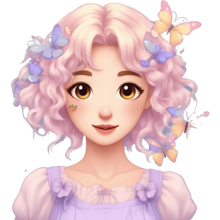 gorgeous pretty anime pastel lady with butterflies and beautiful hair fairycore cottagecore emoji