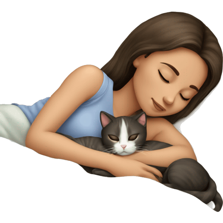 brunette girl sleeping with a small cat emoji