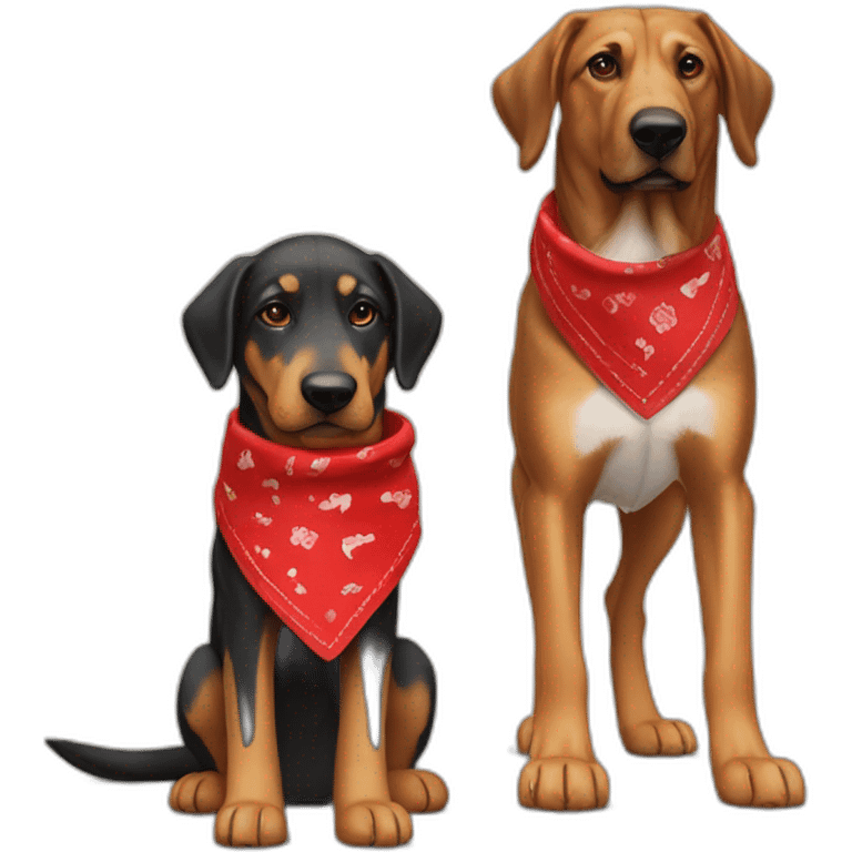 coonhound and German shepherd mix dog wearing red bandana and walking left emoji