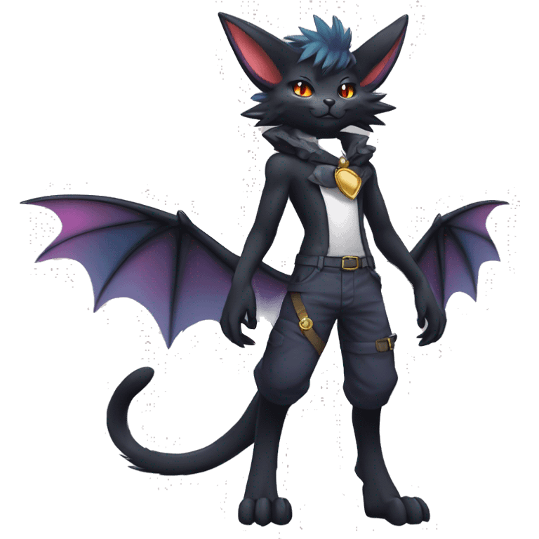 cool edgy anthro godly colorful ethereal black fantasy beautiful elegant nargacuga-Noivern-cat-Fakemon wearing a collar, cargo pants, full body emoji