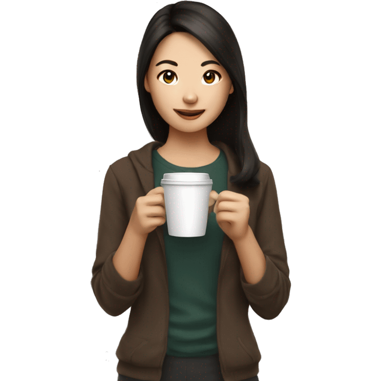 beautiful asian brunette girl with coffee emoji