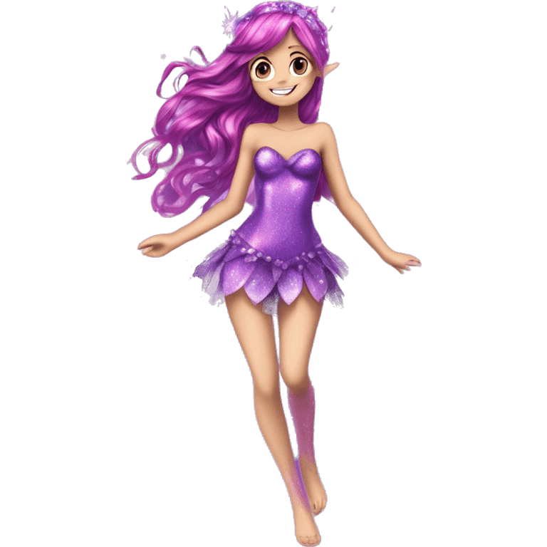 Tecna adult fairy of technology her enchantix fairy purple sparkling two-piece clothing and fairy enchantix wings and long dark pink hair in from winx club. Lots of sparkles and fairydust. Full body pic and full fairy bliss emoji