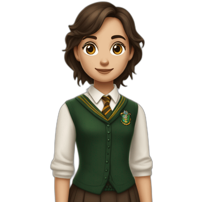 Fille brune aux yeux marron blanche de peau avec une tenue de la maison serpentard dans Harry potter emoji