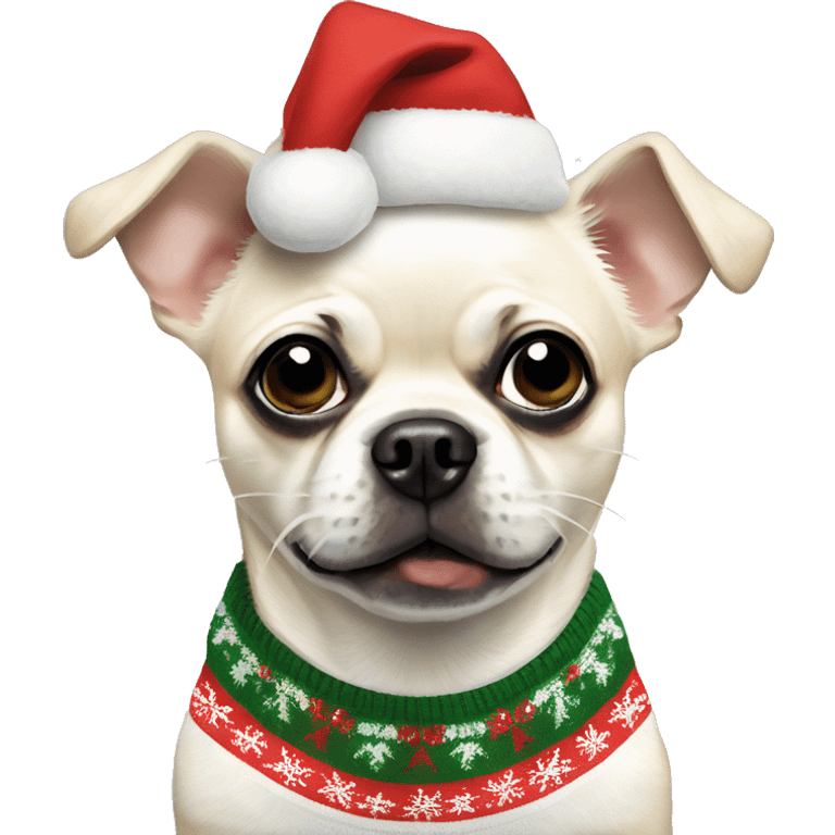 All White, chihuahua-pug mix wearing a Christmas sweater emoji