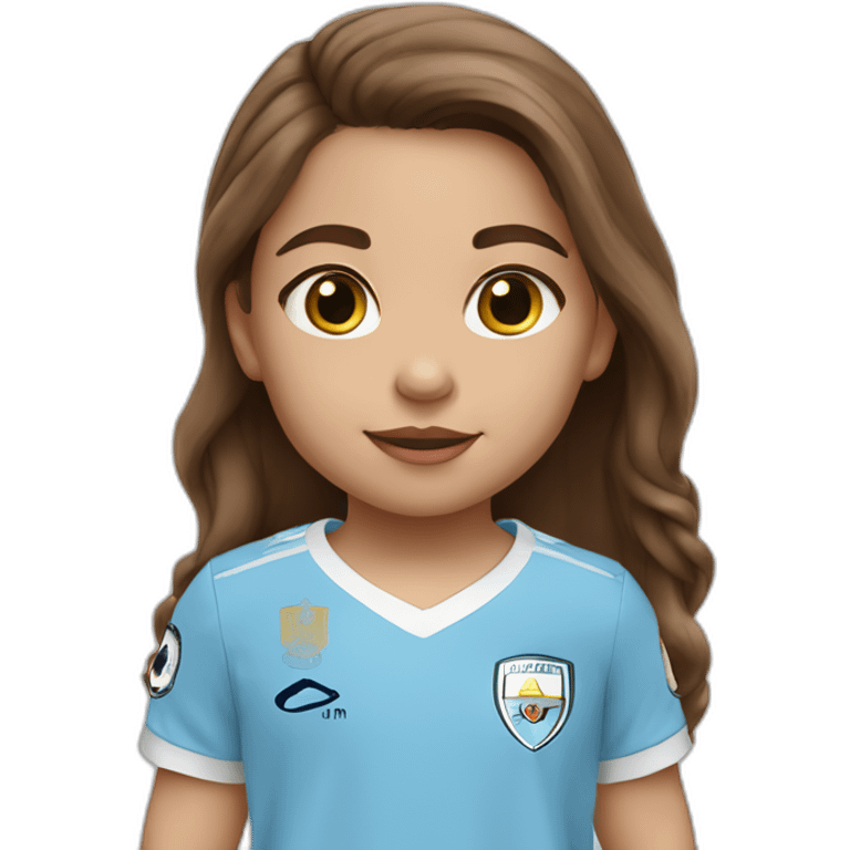 2 year old girl with long brown hair and eyes wearing Manchester City football shirt emoji