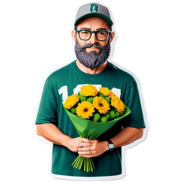 A bold man with a grey baseball cap, green eyes, big beard and glasses, holding a bouquet  emoji