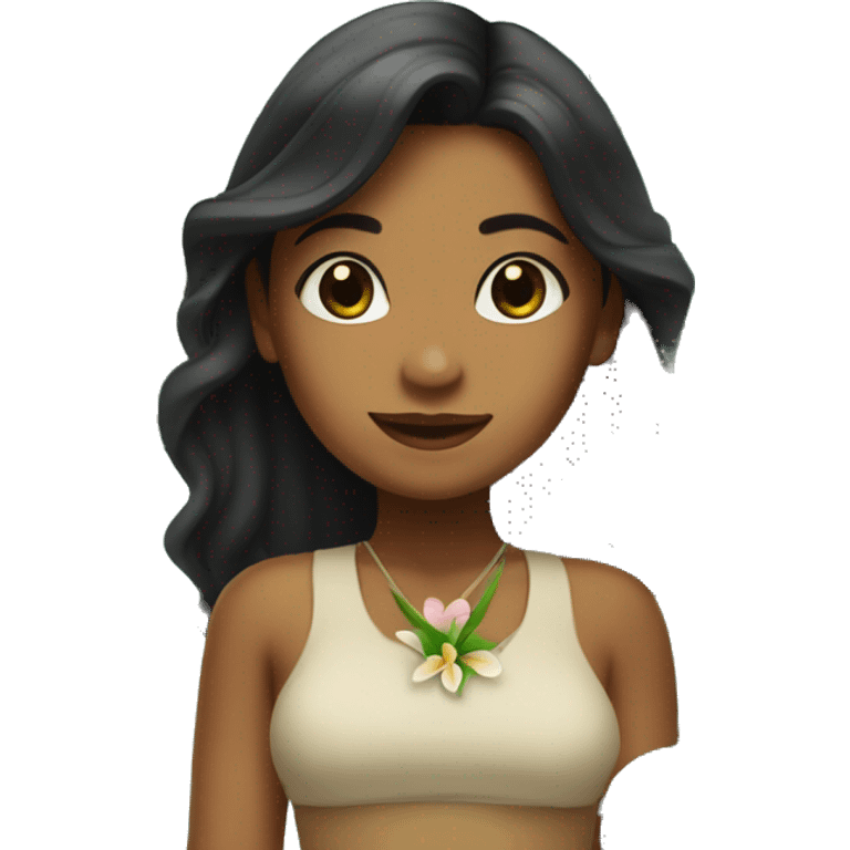 Brown Island girl with long black hair and a plumeria flower emoji