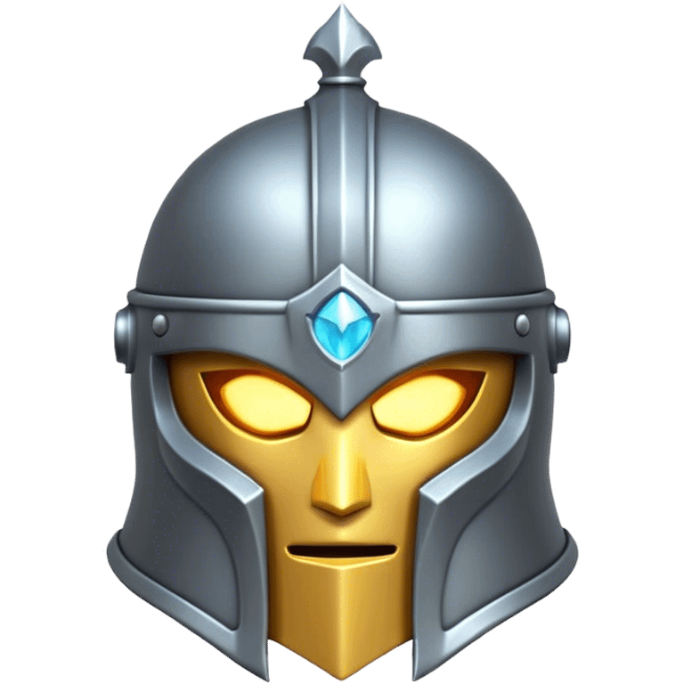 Clash of Clans aesthetic: Cinematic Playful 3D Isometric steel helm Emoji, rendered in a 3D vector-style similar to standard emojis with minimal shading and bold, simplified shapes. A compact, distinct form with signature details, softly glowing with a fantasy RPG magic charm. Simplified yet unmistakably iconic, highly detailed and consistent, glowing with a soft radiance and high shine. Stylized with a touch of heroic grandeur and a soft glowing outline, capturing the essence of a beloved gaming relic with a friendly, playful manner! emoji