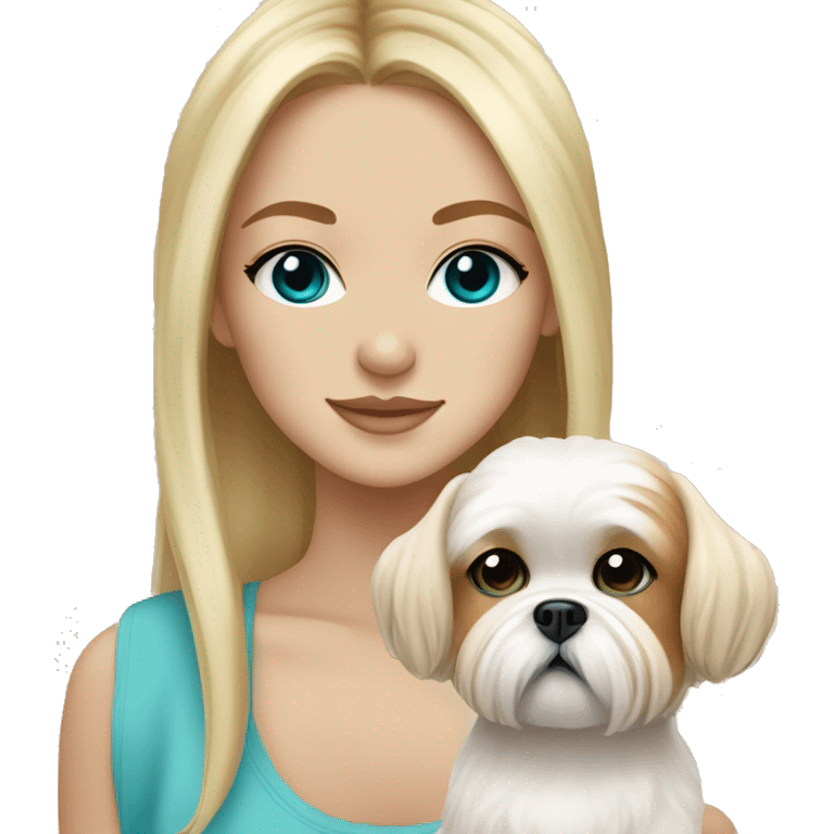 Girl with lots of freckles on her face, long blonde hair, and bright blue and green eyes holding an all beige shih tzu dog  emoji