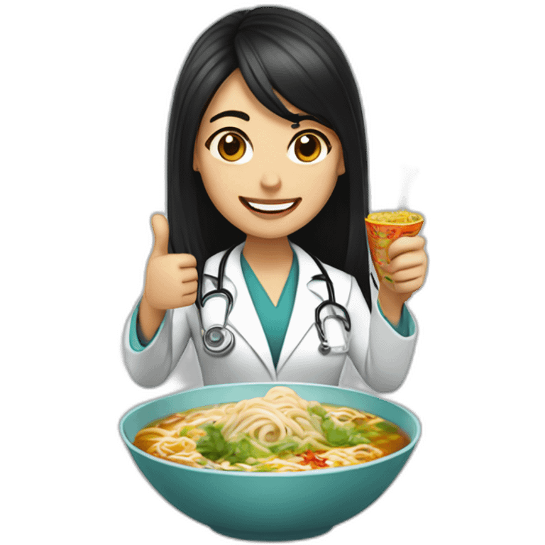 female doctor with long dark hair eating ramen bowl with thumbs up emoji