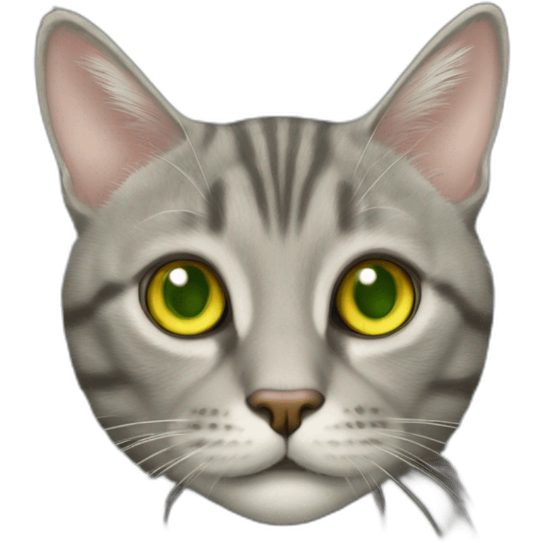 american short hair cat- tabby- a little bit fat- green yellow eyes- the distances between eyes is a little bit far- gray hair- fluffy- looks cute emoji